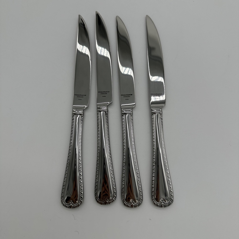 Reed & Barton Steak Knives Set of 4 Rope Edge Stainless Steel Silver 9 inch
